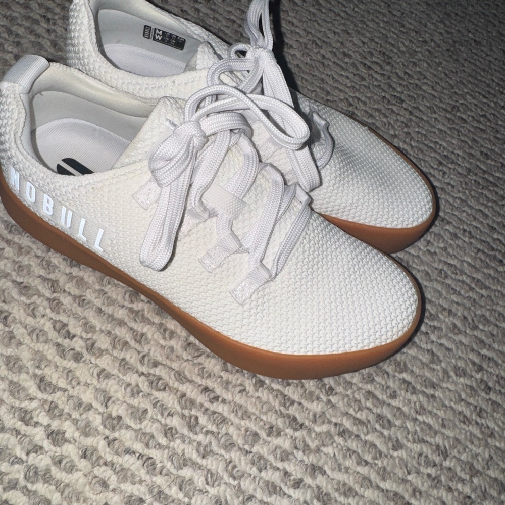Women’s NOBULL Recs~White Knit Sneakers with Brown Soles